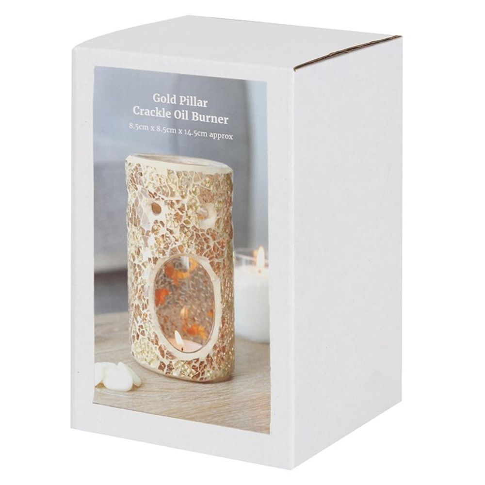 Crackle Glass Oil Burner - Gold Pillar - Home Fragrance Accessory. This stunning pillar-shaped oil burner with a gold mirrored crackle effect will make a beautiful addition to your home decor.