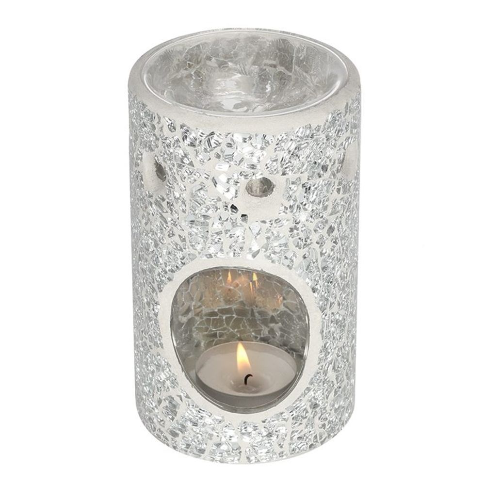 Oil Burner - Silver Pillar Crackle Glass Wax Melt Burner - Aromatherapy Diffuser. A stunning pillar-shaped oil burner with a silver mirrored crackle effect. A beautiful addition to your home. Perfect for creating a festive ambiance or as a Christmas gift