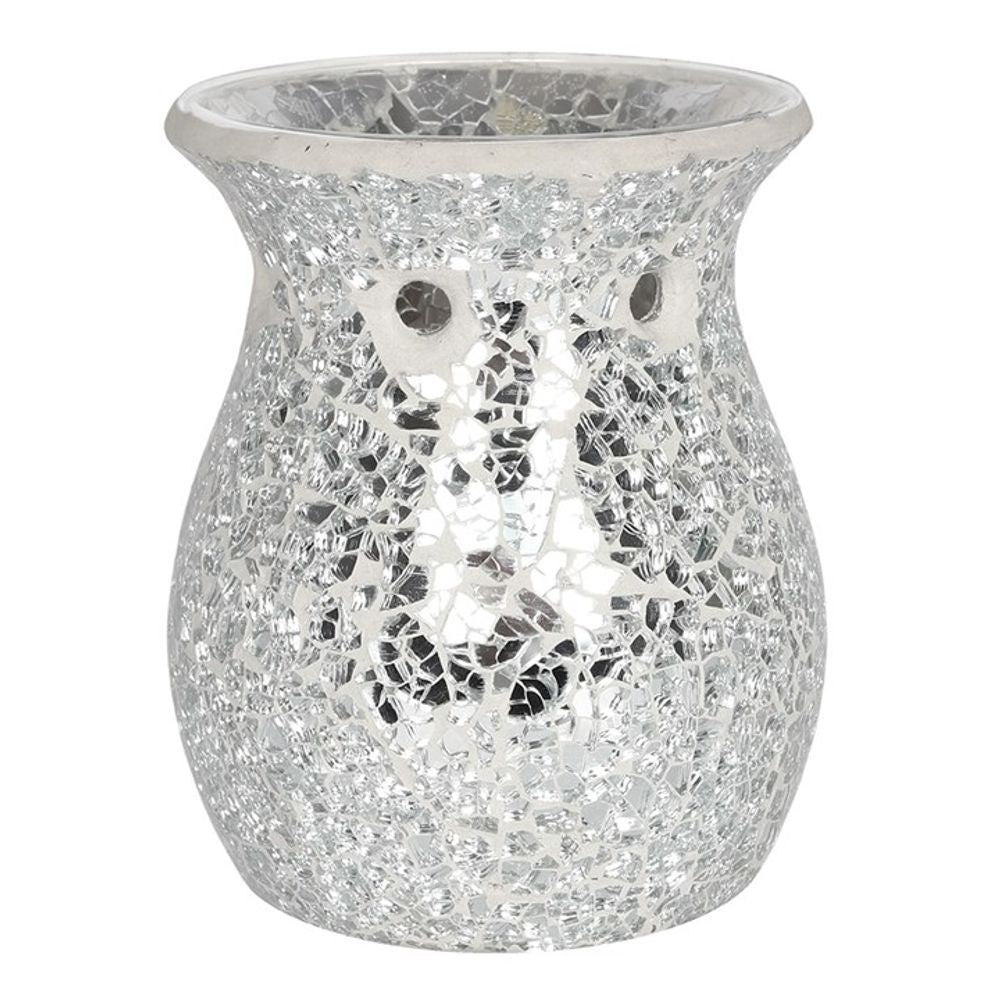 Oil Burner - Large Silver Crackle Glass Wax Melt Burner - Oil Warmer