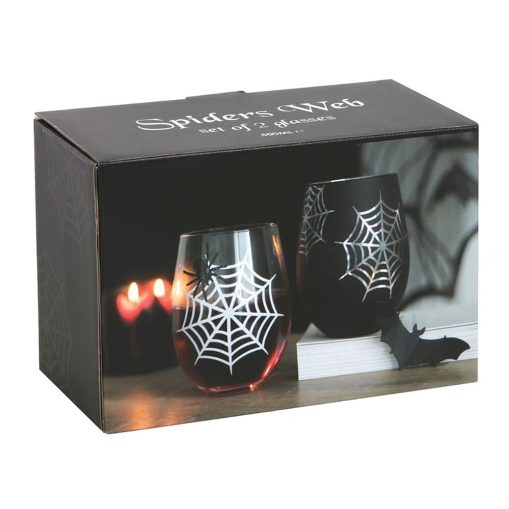 Halloween Glasses Set of 2 - Spider Web Stemless Wine Glasses - Black. This set of 2 stemless glasses is perfect for nights of mischief. Designs feature a printed spider and his web (clear glass) and an eye-catching web silhouette with a silver interior (black). Perfect for your Halloween Dinner Party