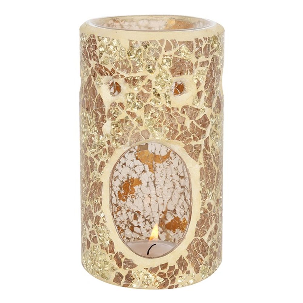 Crackle Glass Oil Burner - Gold Pillar - Home Fragrance Accessory. This stunning pillar-shaped oil burner with a gold mirrored crackle effect will make a beautiful addition to your home decor.