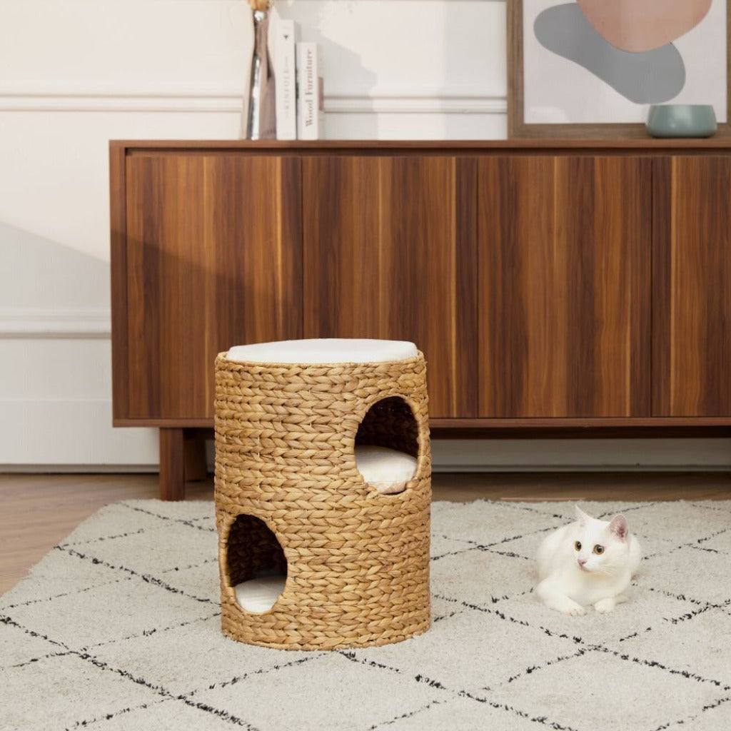 Emmy Jane Boutique Natural Cat Tower Bed - Wicker Seagrass Scratch Tower Tree & Cat Bed with Cushions