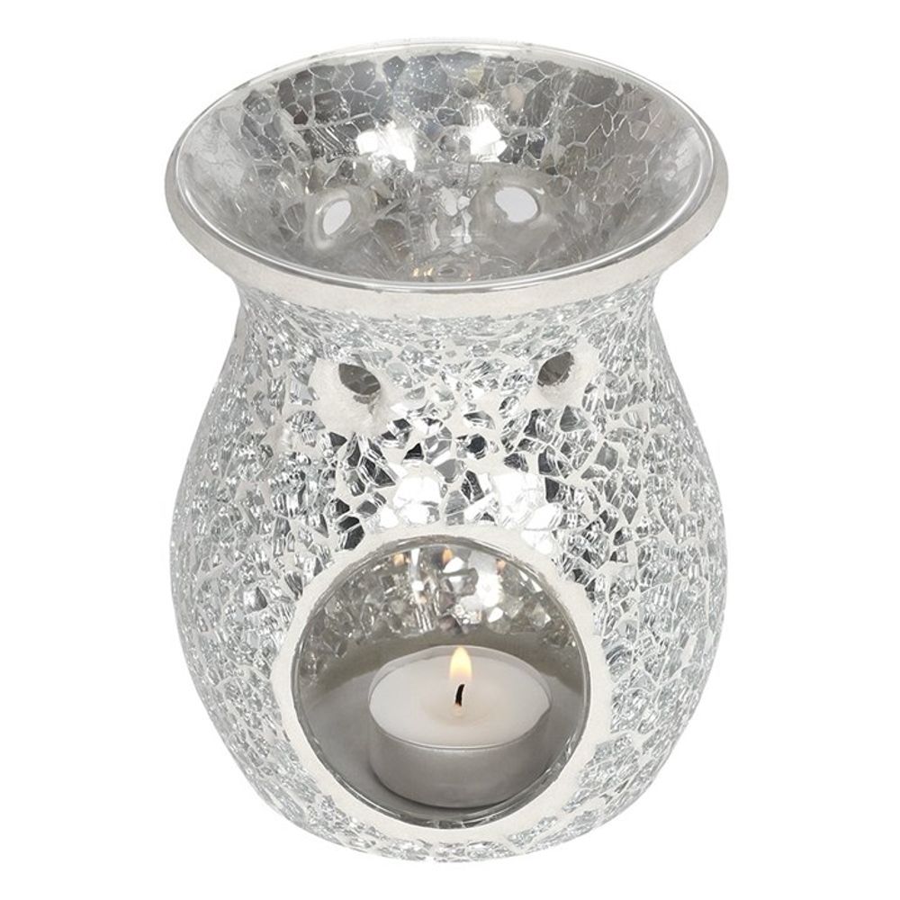 Oil Burner - Large Silver Crackle Glass Wax Melt Burner - Oil Warmer