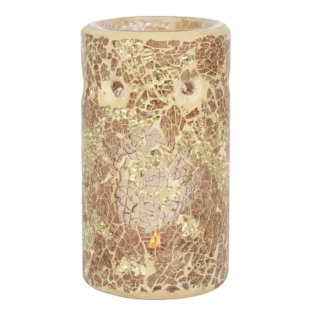 Crackle Glass Oil Burner - Gold Pillar - Home Fragrance Accessory. This stunning pillar-shaped oil burner with a gold mirrored crackle effect will make a beautiful addition to your home decor.