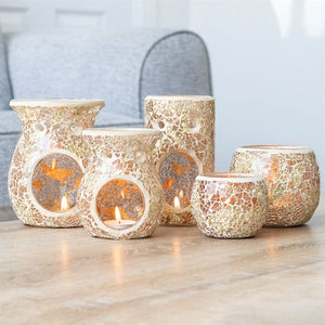 Crackle Glass Oil Burner - Gold Pillar - Home Fragrance Accessory. This stunning pillar-shaped oil burner with a gold mirrored crackle effect will make a beautiful addition to your home decor.