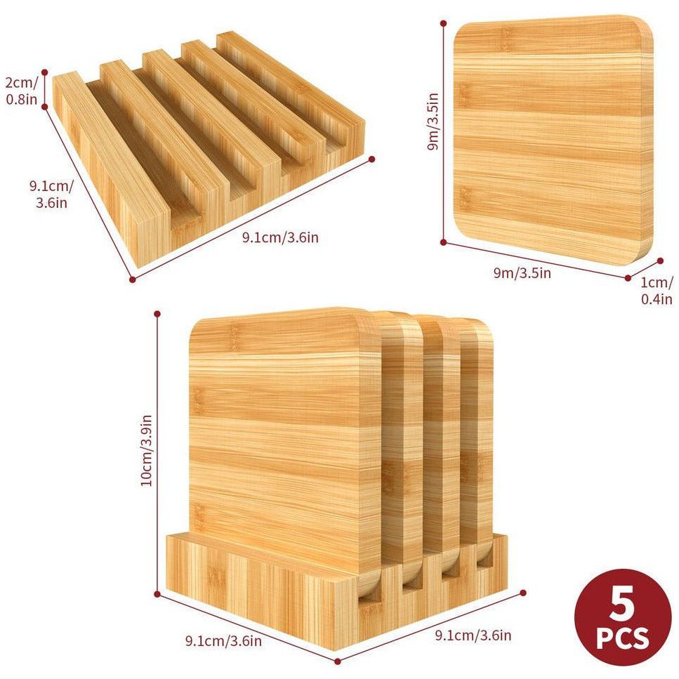 Emmy Jane Boutique Natural Bamboo Coasters - Set of 4 Natural Wood Square Drink Coaster with Holder