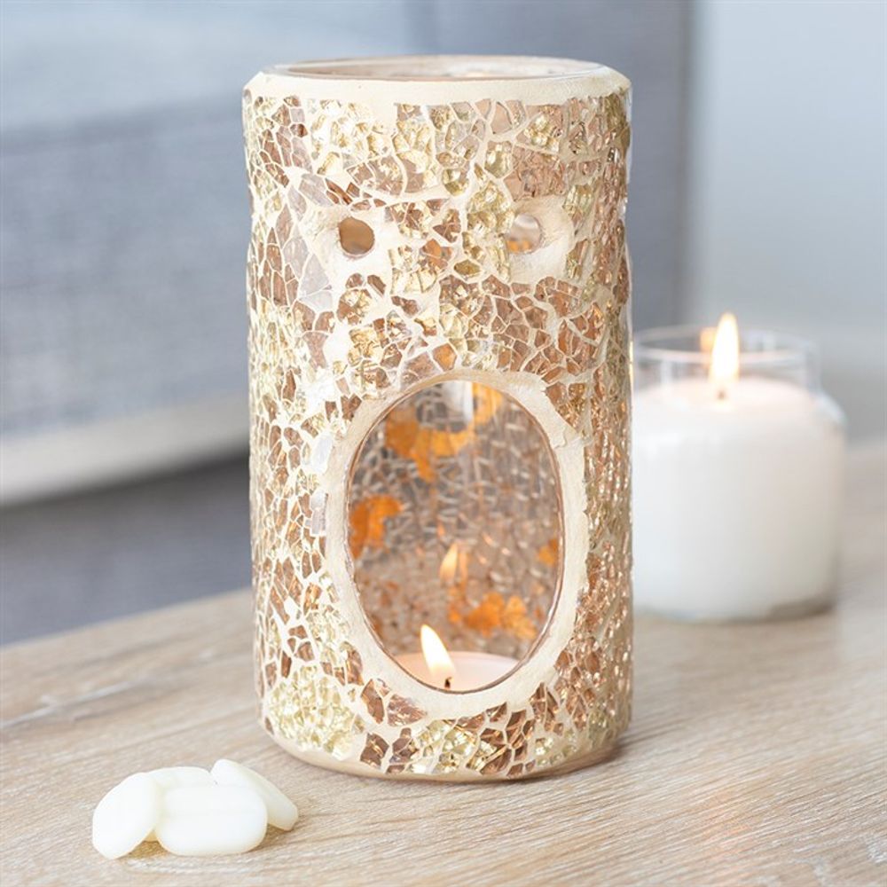 Crackle Glass Oil Burner - Gold Pillar - Home Fragrance Accessory. This stunning pillar-shaped oil burner with a gold mirrored crackle effect will make a beautiful addition to your home decor.