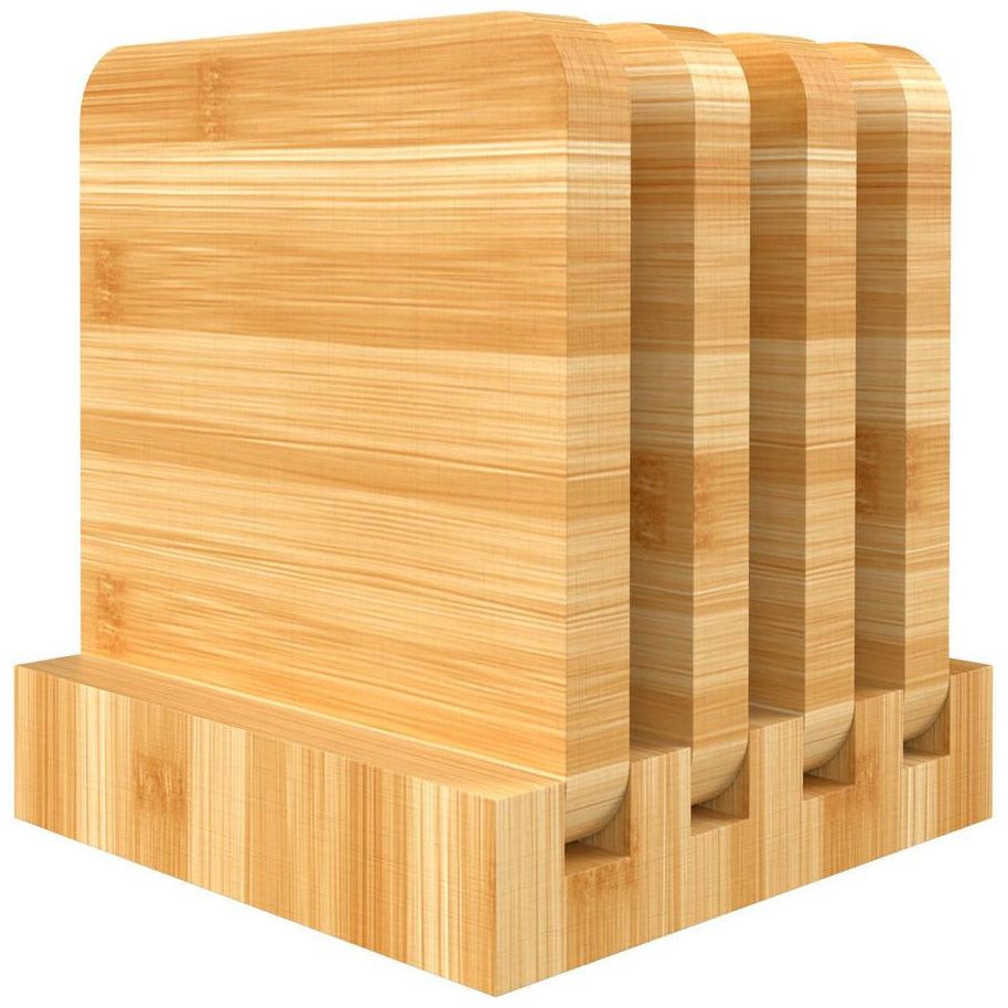 Emmy Jane Boutique Natural Bamboo Coasters - Set of 4 Natural Wood Square Drink Coaster with Holder
