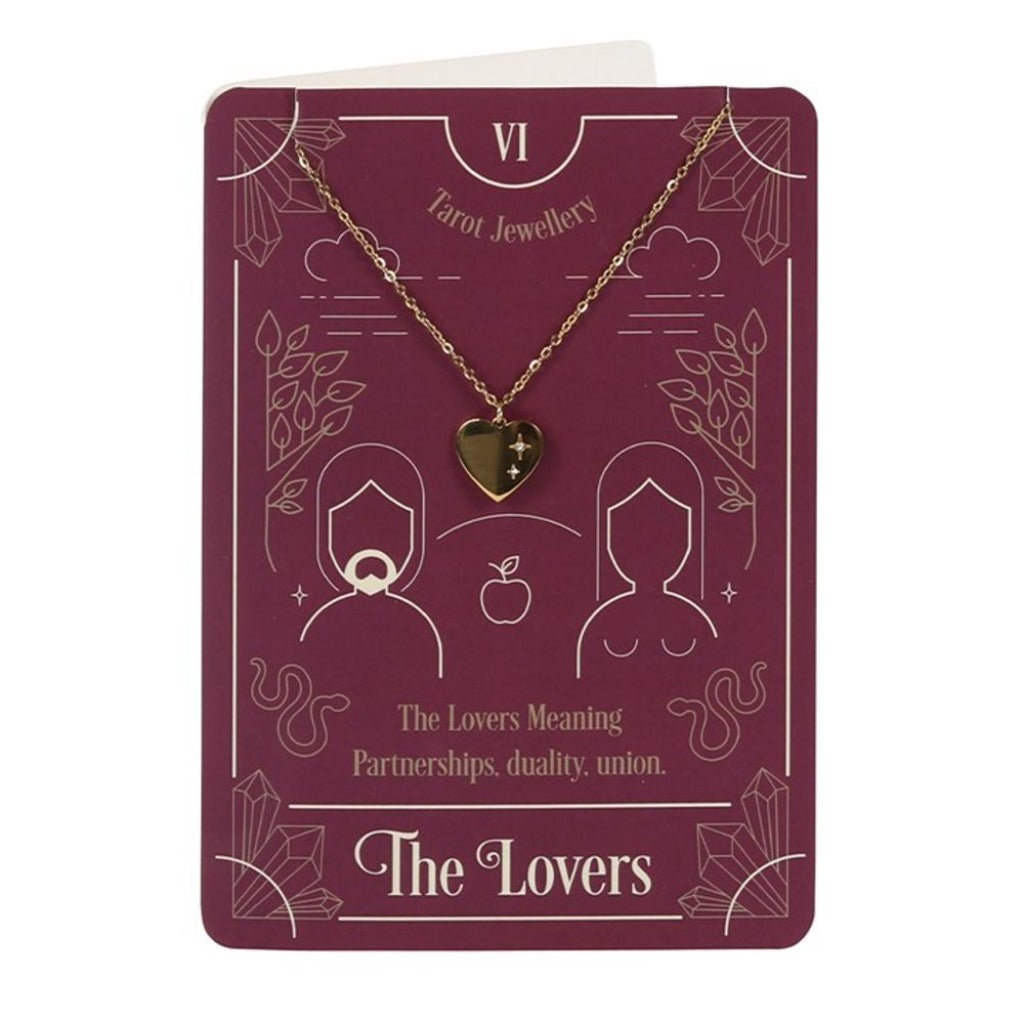 Valentines Necklace - The Lovers Tarot Necklace on Greeting Card. A mystical gold-tone heart necklace beautifully presented on a matching greeting card perfect for gifting. Inspired by the art of tarot reading.