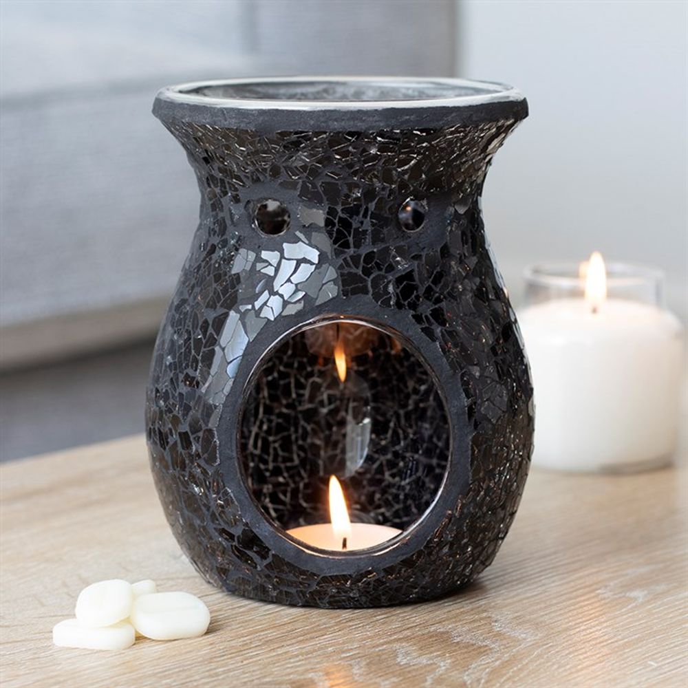 Oil Burner - Black Crackle Glass - Mosaic Mirror Effect - Aromatherapy Diffuser