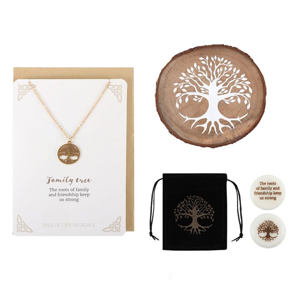 Eco-Friendly Gift Set - Tree of Life Family - Natural Gift Set. This Family gift set comes beautifully presented in a recyclable box with eco-friendly shredded paper filling. Arrives ready to gift for any occasion. Gift set includes Tree of Life necklace card Tree of Life wood slice coaster Tree of Life lucky charm.