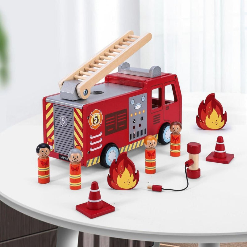 Emmy Jane Boutique SOKA Wooden Fire Engine Truck with Firefighter Figurines Vehicle Toy for Kids 3+