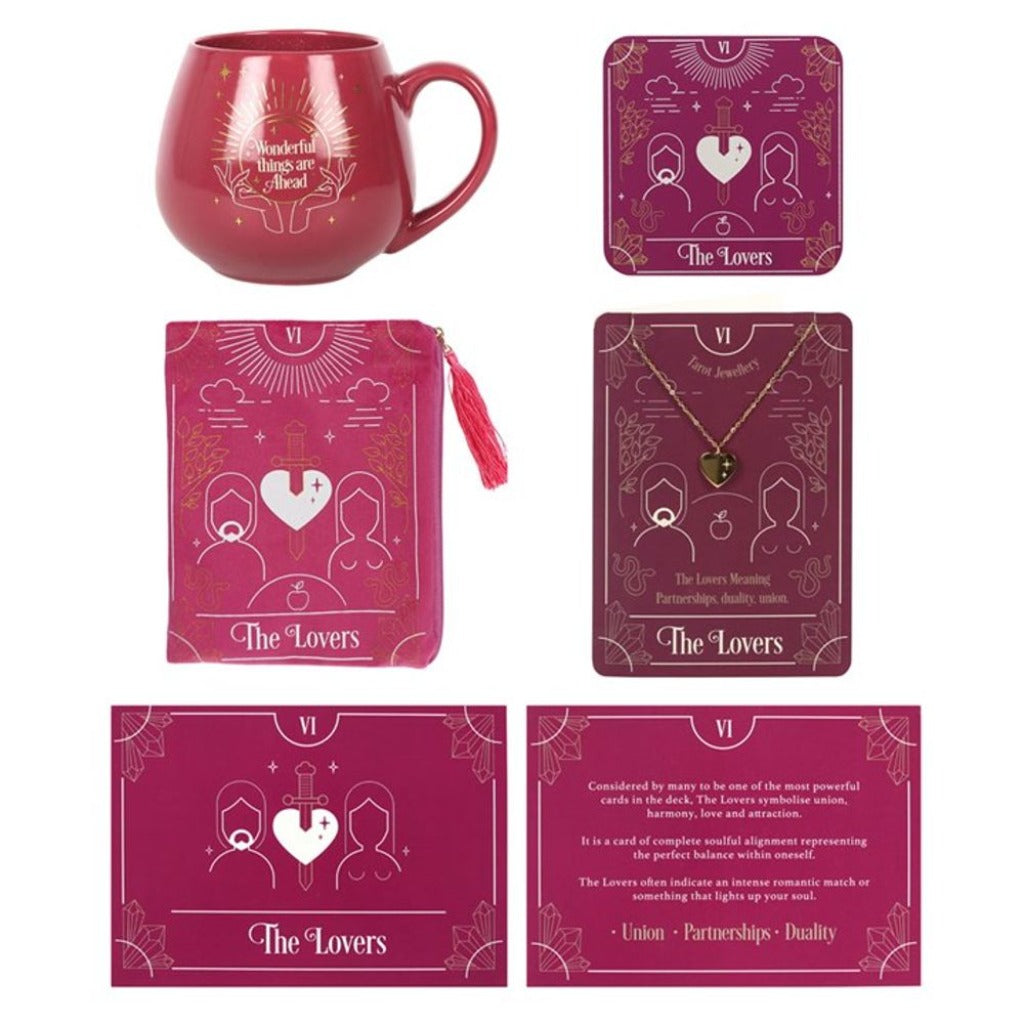 Emmy Jane Boutique - Romantic Gifts For The One You Love - The Lovers Tarot Gift Set This new Lovers Tarot Gift Set comes beautifully presented in a recyclable, black-lined box with eco-friendly shredded paper filling. Arrives ready to gift for birthdays, Valentine's Day, anniversaries, or special pick-me-ups with an added insert card. The Gift set includes Lovers Tarot Card Coaster Lovers Tarot card Zipper Pouch Lovers Tarot Necklace Card Pink Fortune Teller Colour Changing Mug.