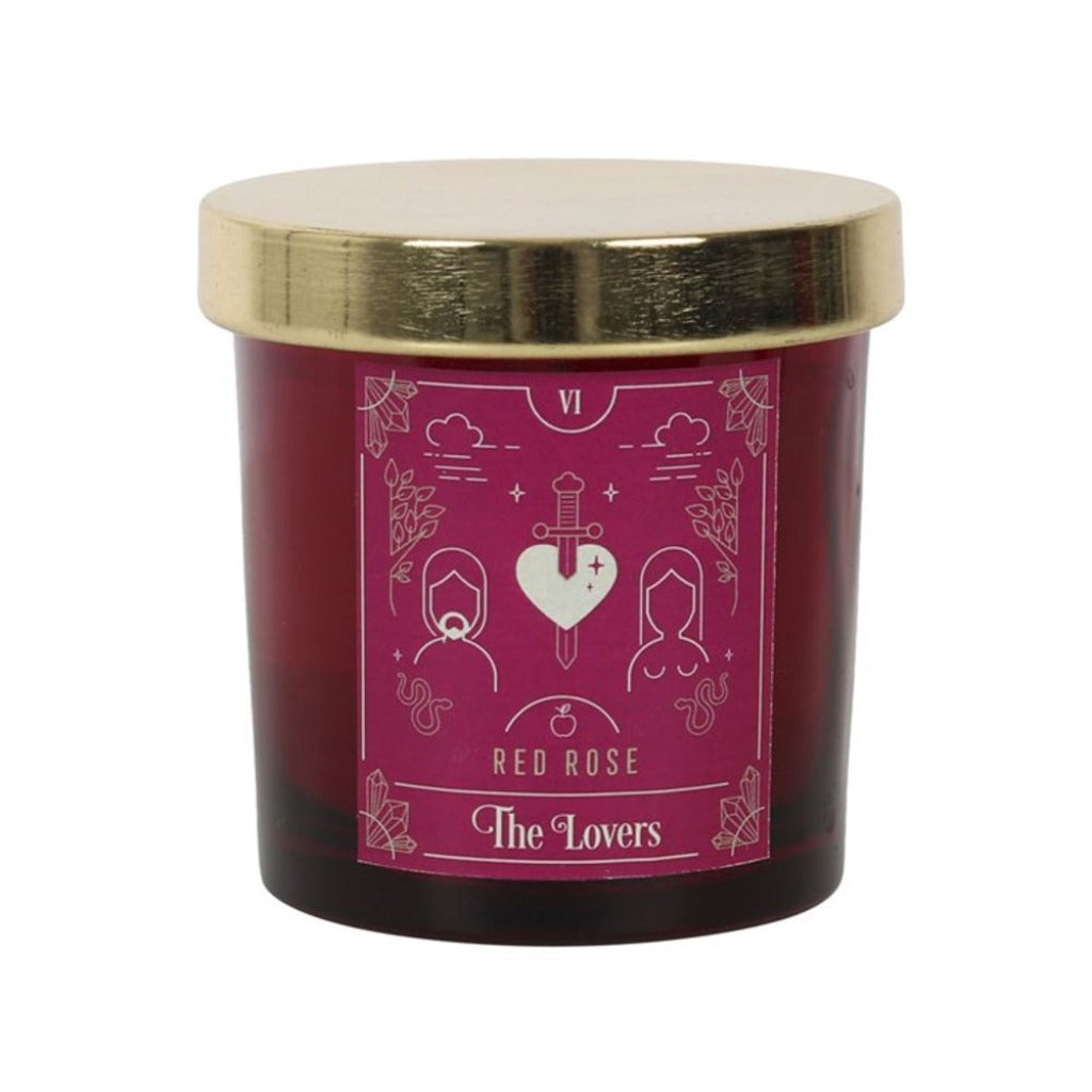 Emmy Jane Boutique - Valentines Candle - The Lovers Red Rose Tarot Candle. Inspired by traditional tarot card designs, this lidded candle features a stunning the lovers tarot design and comes in a lovely red rose fragrance.