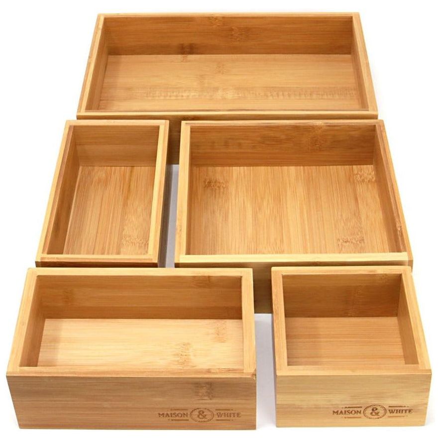 Emmy Jane Boutique Wooden Storage Boxes - Bamboo Drawer Organiser - 5 Piece - Maison & White