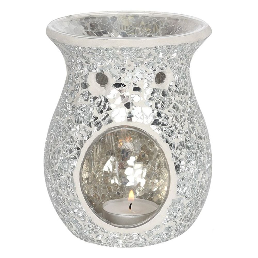 Oil Burner - Large Silver Crackle Glass Wax Melt Burner - Oil Warmer