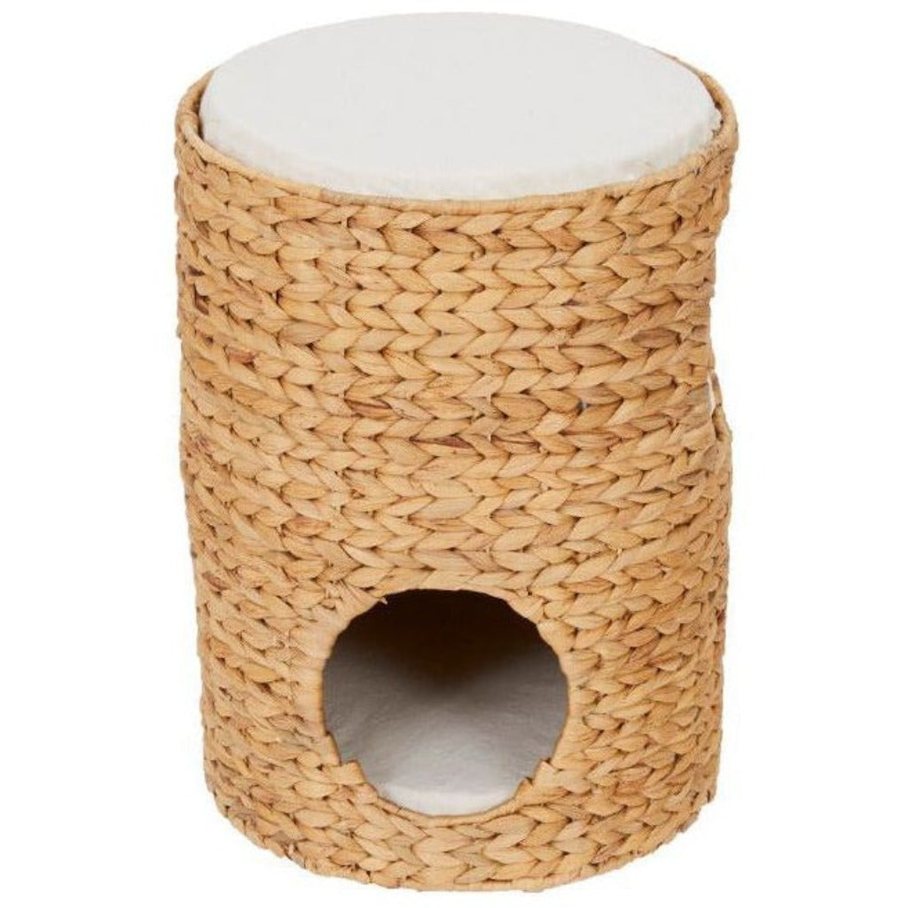 Emmy Jane Boutique Natural Cat Tower Bed - Wicker Seagrass Scratch Tower Tree & Cat Bed with Cushions