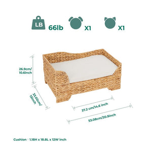 Emmy Jane Boutique - Wicker Cat / Small Dog Basket - Elevated Bed & Washable Cushion - Natural pet day lounger Easy to assemble Suitable for cats or dogs Country Of Origin United Kingdom Material natural seagrass Weight 2.00 kg Width 53.1 cm Height 26.9 cm Depth 33 cm Colour Natural Brown and Cream.