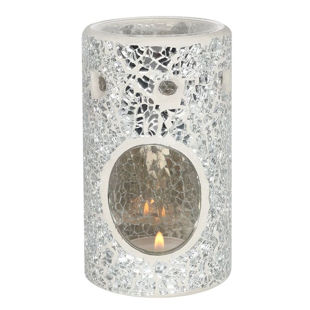 Oil Burner - Silver Pillar Crackle Glass Wax Melt Burner - Aromatherapy Diffuser. A stunning pillar-shaped oil burner with a silver mirrored crackle effect. A beautiful addition to your home. Perfect for creating a festive ambiance or as a Christmas gift