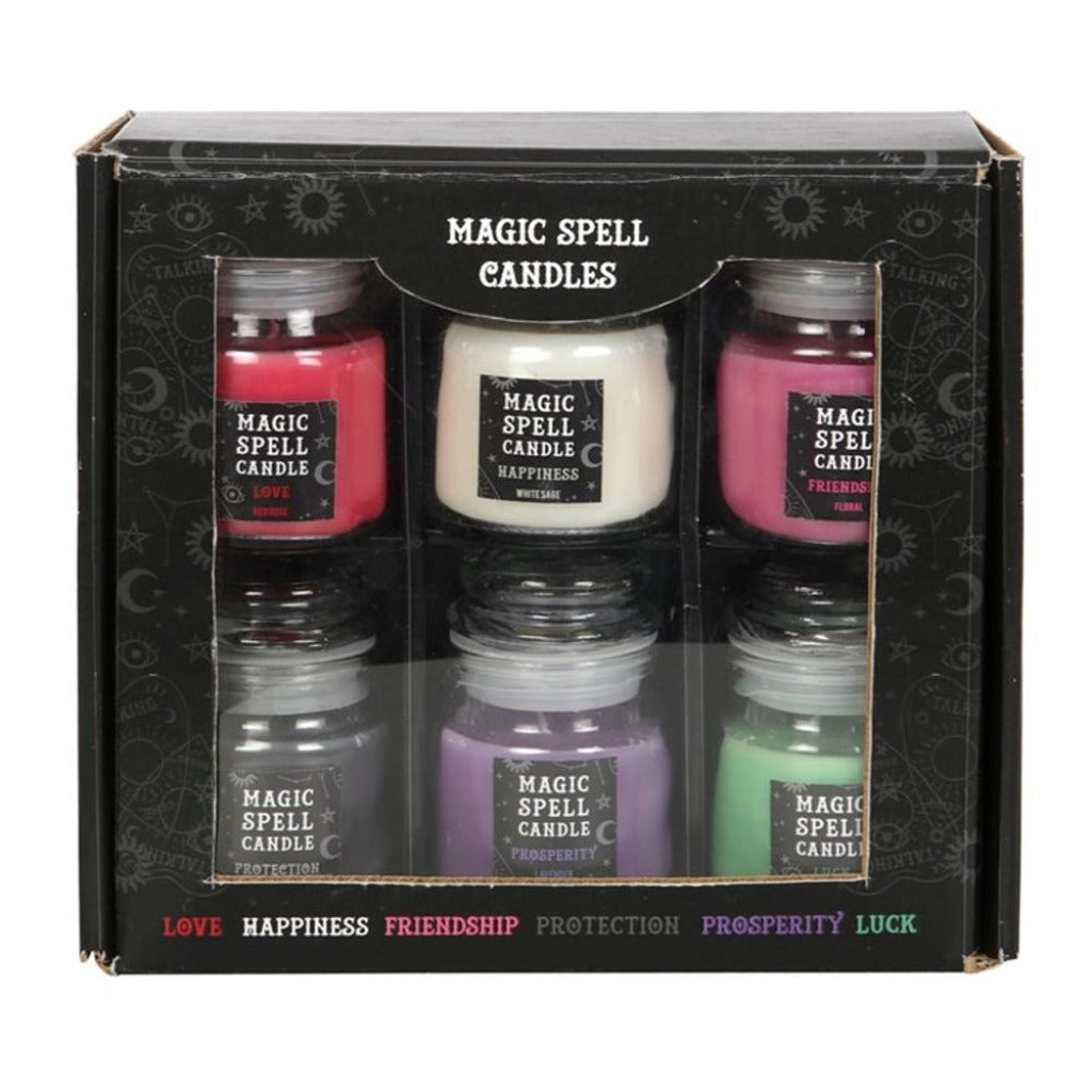 A captivating collection of mini spell candle jars includes six scented candles that are ideal companions for spellcasting rituals. Whether used for candle magic or as alternative decor, this set makes a great gift.