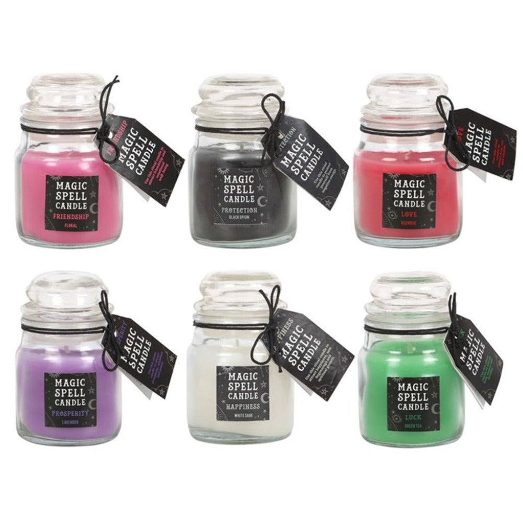 A captivating collection of mini spell candle jars includes six scented candles that are ideal companions for spellcasting rituals. Whether used for candle magic or as alternative decor, this set makes a great gift.