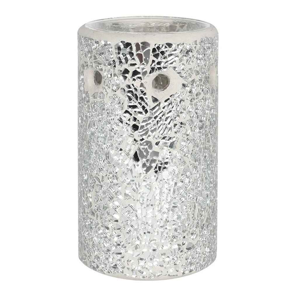 Oil Burner - Silver Pillar Crackle Glass Wax Melt Burner - Aromatherapy Diffuser. A stunning pillar-shaped oil burner with a silver mirrored crackle effect. A beautiful addition to your home. Perfect for creating a festive ambiance or as a Christmas gift