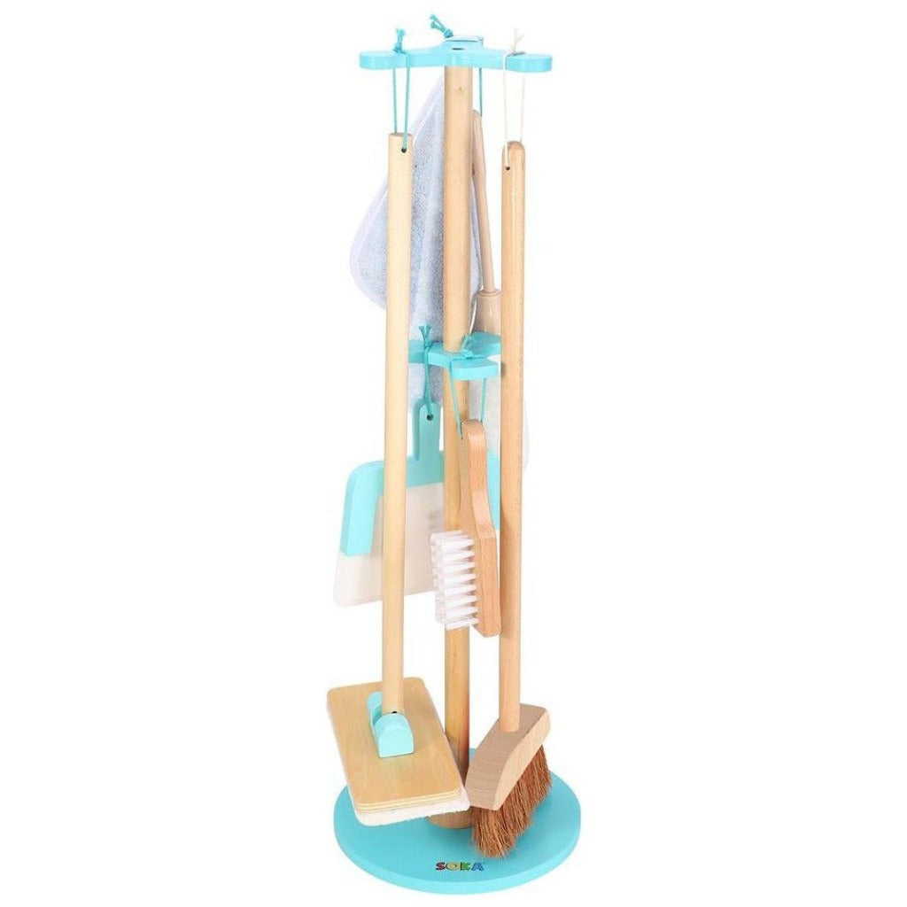 Emmy Jane Boutique SOKA Wooden Cleaning Kit Pretend Play Household Toy Set Playhouse for Kids 3+ This playset comprises of different pieces which are super easy to assemble and carry wherever they are needed. Includes  Duster Broom Mop Brush Towel Dustpan All pieces are presented in a beautifully designed bracket with a hanging design that measures approximately 67.5 x 22 cm (26.5 x 8.6 inches) 