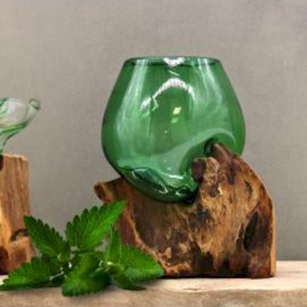 Emmy Jane Boutique Green Glass Bowl - Recycled Beer Bottles Molton Glass on a Sustainable Wood Base