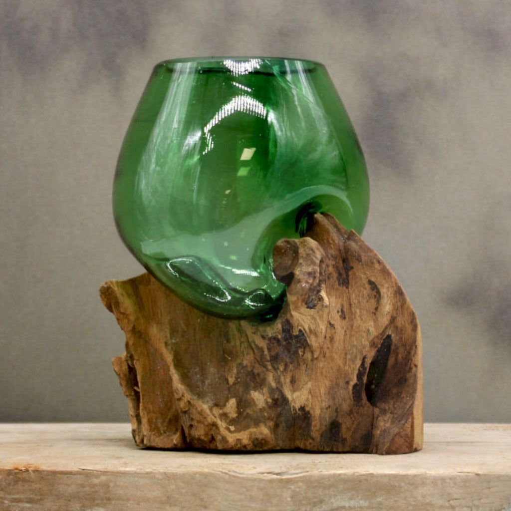 Emmy Jane Boutique Green Glass Bowl - Recycled Beer Bottles Molton Glass on a Sustainable Wood Base