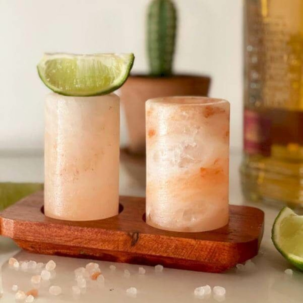 Emmy Jane Boutique Himalayan Salt Shot Glasses & Wood Serving Stand - Gift Set of 2 or 4